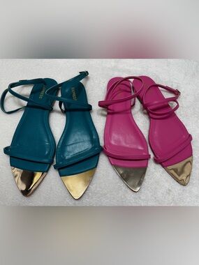 Express (2 Pair) Pink & Teal Strappy Gold Pointed-Toe Flat Sandals Size 7.5